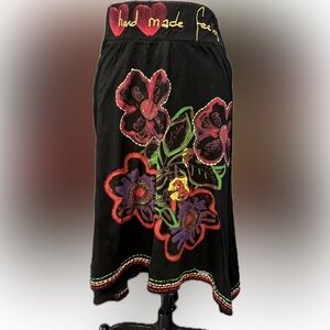 Desigual Vintage Black Skirt with Floral Embroidery Circa 2010